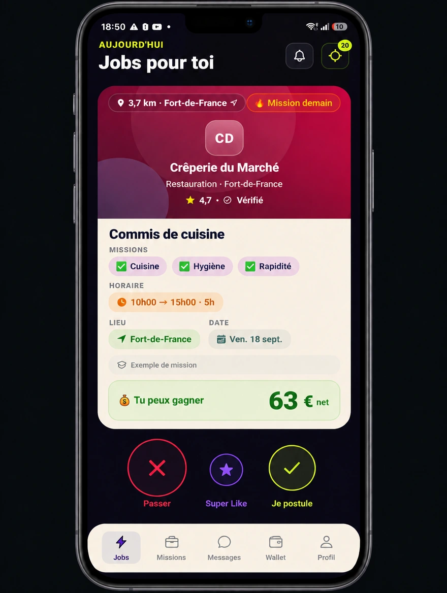 Concept SwipJobs fidèle à l’interface originale : carte Crêperie du Marché, commis de cuisine à Fort-de-France, de 10h à 15h, montant fictif de 63 euros net.